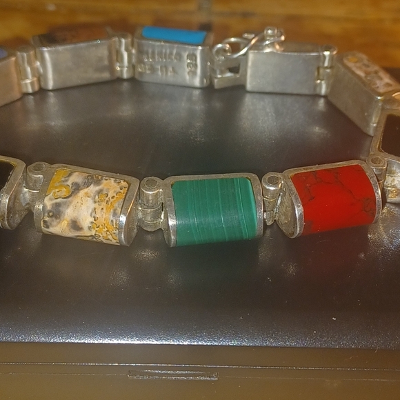 Vintage Taxco Multicolor Sterling Silver Bracelet 7.5" - Picture 3 of 8